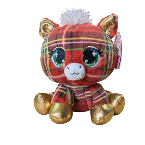 New Macy's Red Green Plaid Plush Animal Horse Gold Paws Holiday Christmas Gift - Picture 3 of 12